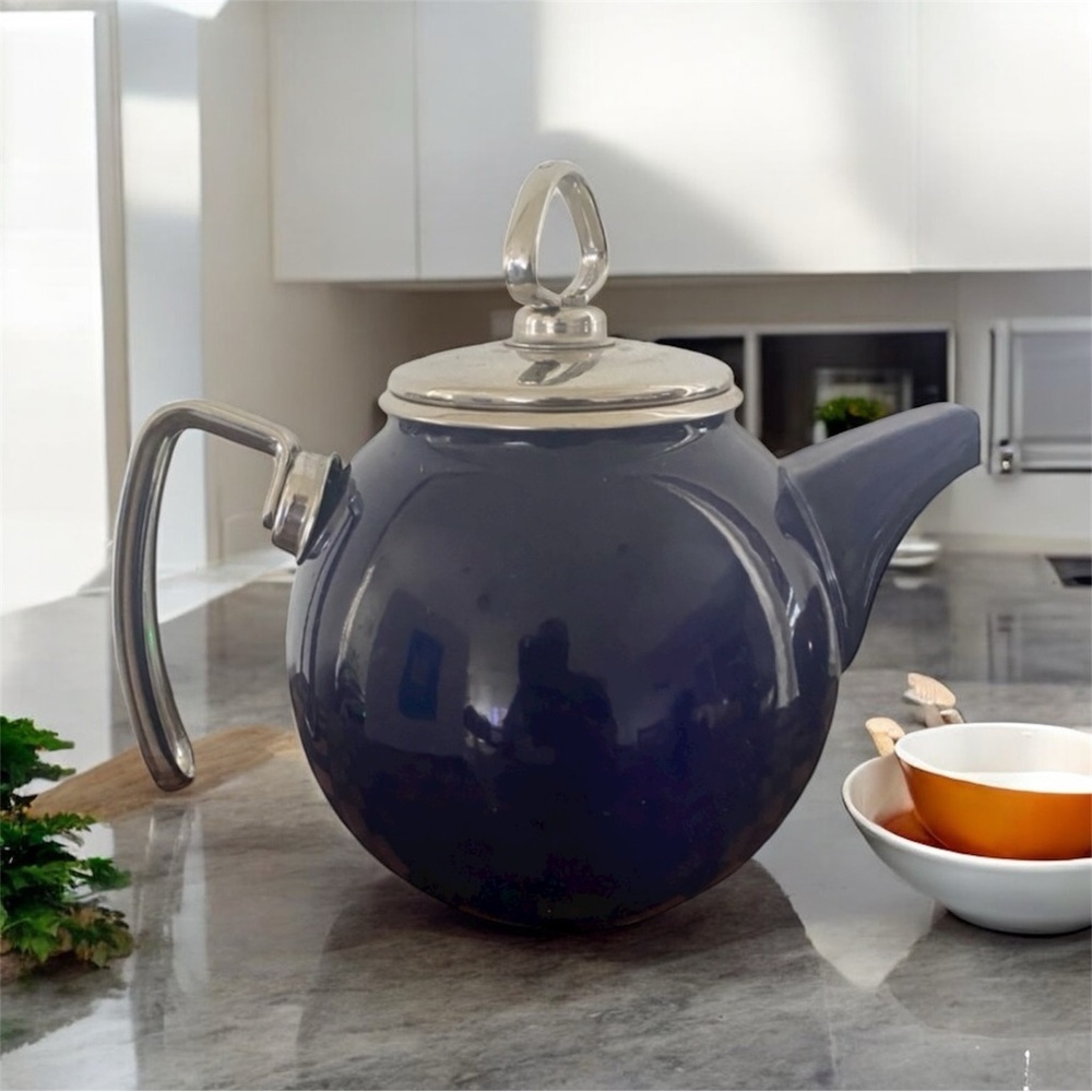 Vintage Chantal Dark Blue Tea Kettle Enamel On Steel With Stainless Accents 2QT